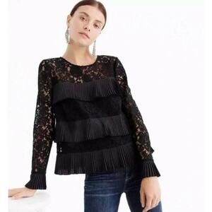 J.Crew Black Lace Tiered Long Sleeve Ruffle Blouse Size 8
